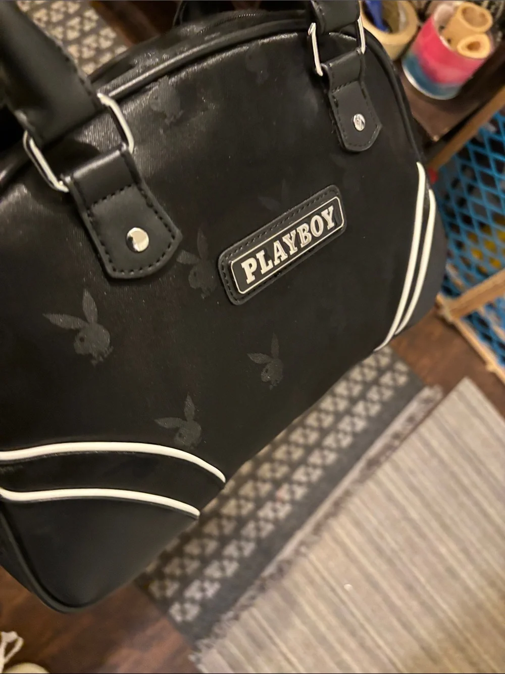 PLAYBOY Black Satchel /crossbody strap with White Piping Accents